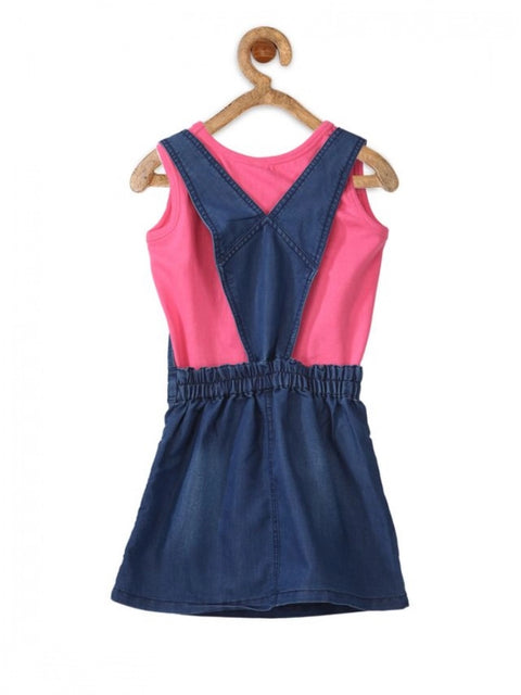 Generic Girl's Denim & Cotton Bow Sleeveless Dungaree (Pink)