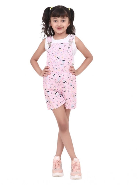 Generic Girl's Inner- Cotton Printed Sleeveless Dungaree (Light Pink)
