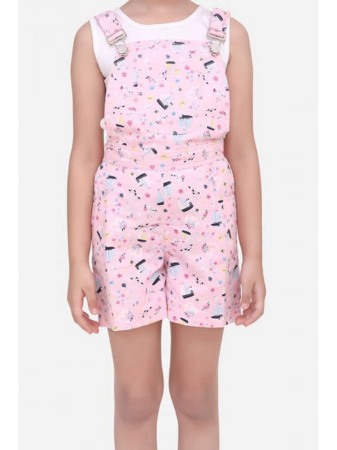 Generic Girl's Inner- Cotton Printed Sleeveless Dungaree (Light Pink)