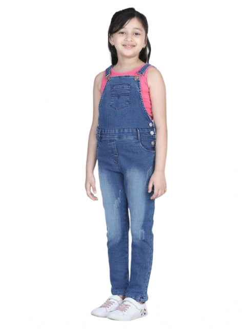 Generic Girl's Denim Washed Buttoned Dungaree (Blue)