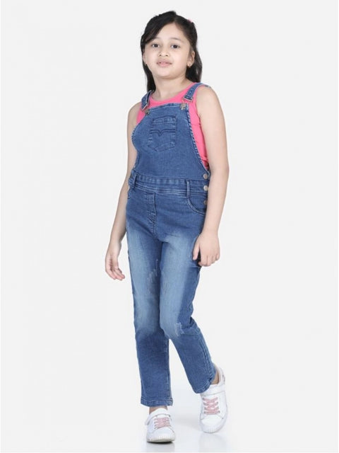 Generic Girl's Denim Washed Buttoned Dungaree (Blue)