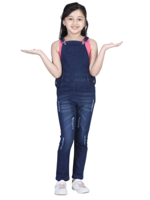 Generic Girl's Denim Distressed Buttoned Dungaree (Blue)
