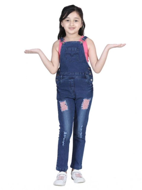 Generic Girl's Denim Patch Work Buttoned Dungaree (Blue)
