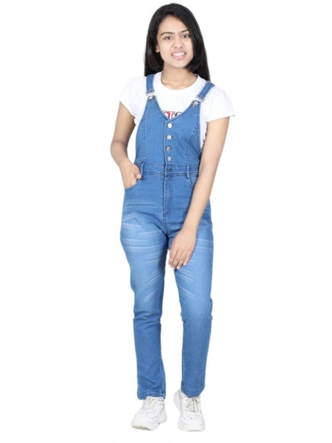 Generic Girl's Denim Solid Buttoned Dungaree (Blue)