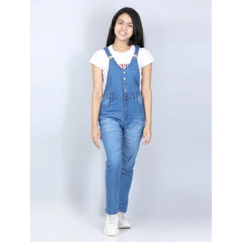 Generic Girl's Denim Solid Buttoned Dungaree (Blue)