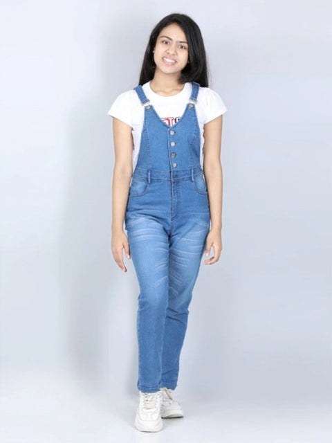 Generic Girl's Denim Solid Buttoned Dungaree (Blue)