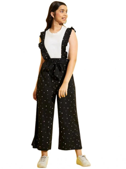 Generic Girl's Cotton Printed Sleeveless Dungaree (Black-White)