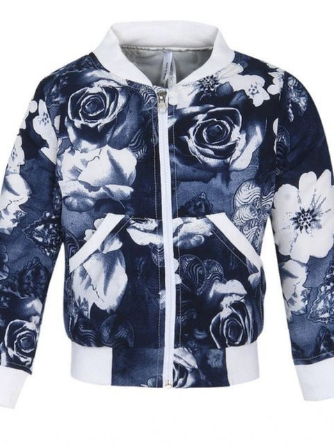 Generic Girl's Polyester Printed Long Sleeves Bomber Jacket (White-Blue)