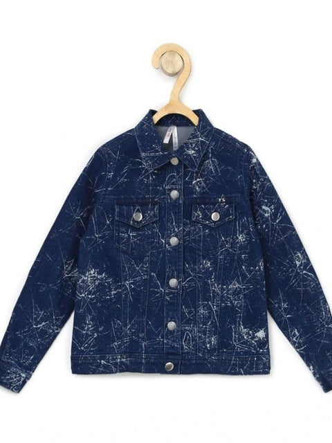 Generic Girl's Denim Washed Flutter Jacket with Crinkle (Blue)