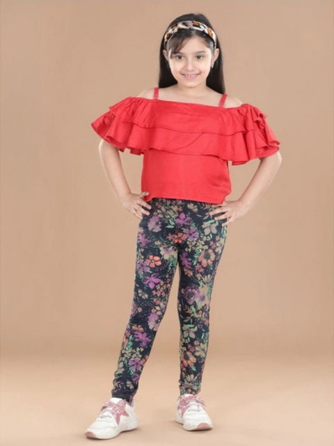 Generic Girl's Cotton Lycra Floral Elasticated Jeggings (Multicolor)