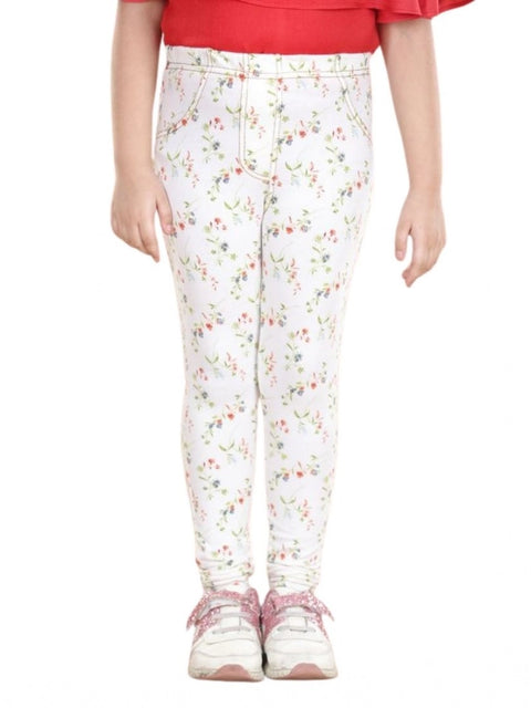 Generic Girl's Cotton Lycra Floral Elasticated Jeggings (White-Green)