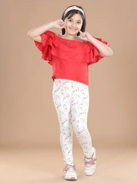 Generic Girl's Cotton Lycra Floral Elasticated Jeggings (White-Green)