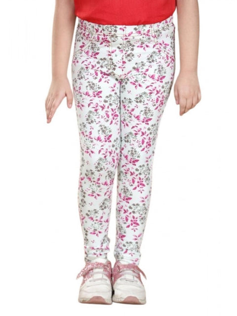 Generic Girl's Cotton Lycra Floral Elasticated Jeggings (White-Pink)