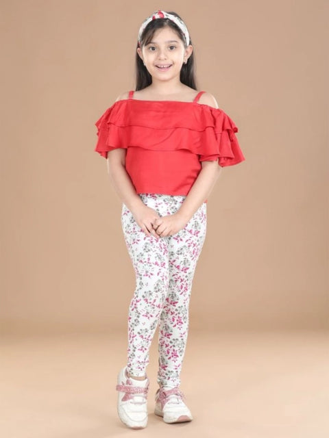 Generic Girl's Cotton Lycra Floral Elasticated Jeggings (White-Pink)