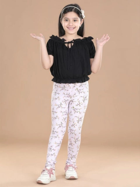 Generic Girl's Cotton Lycra Floral Elasticated Jeggings (Multicolor)