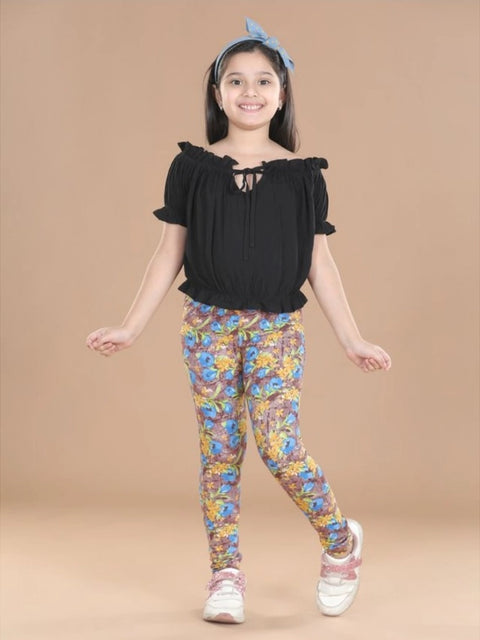 Generic Girl's Cotton Lycra Floral Elasticated Jeggings (Multicolor)