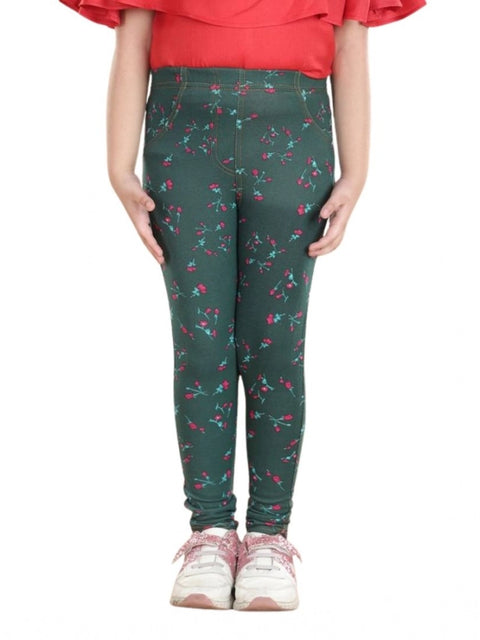 Generic Girl's Cotton Lycra Floral Elasticated Jeggings (Bottle Green)