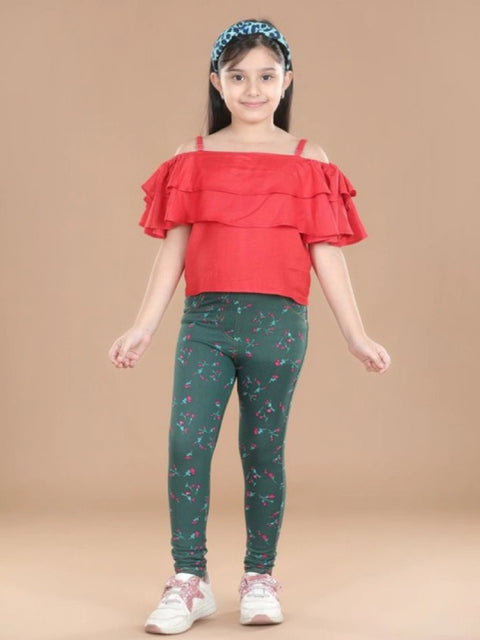 Generic Girl's Cotton Lycra Floral Elasticated Jeggings (Bottle Green)