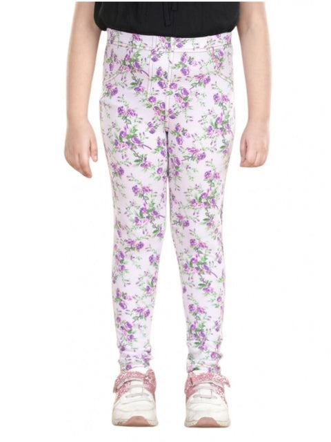 Generic Girl's Cotton Lycra Floral Elasticated Jeggings (Lavender)