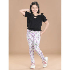 Generic Girl's Cotton Lycra Floral Elasticated Jeggings (Lavender)