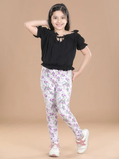 Generic Girl's Cotton Lycra Floral Elasticated Jeggings (Lavender)