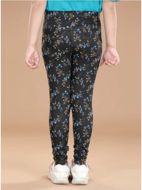 Generic Girl's Cotton Lycra Floral Elasticated Jeggings (Multicolor)