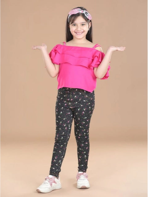 Generic Girl's Cotton Lycra Floral Elasticated Jeggings (Multicolor)