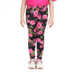 Generic Girl's Cotton Lycra Floral Elasticated Jeggings (Black-Pink)