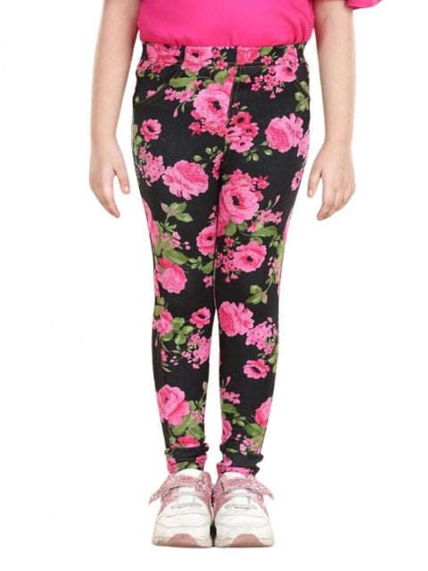 Generic Girl's Cotton Lycra Floral Elasticated Jeggings (Black-Pink)