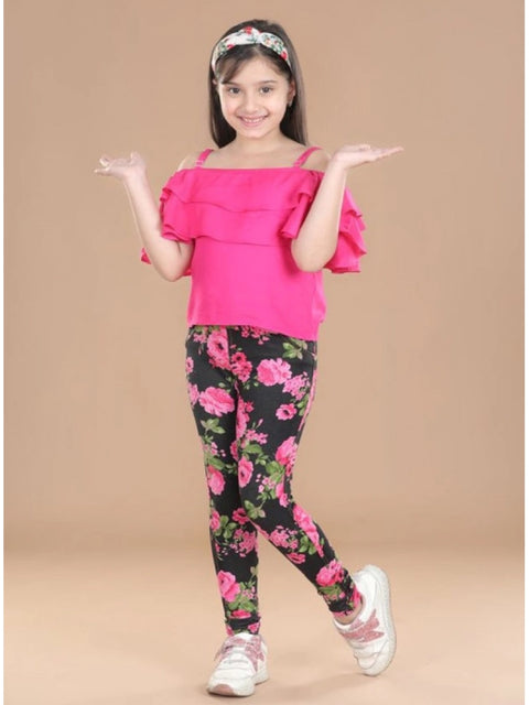Generic Girl's Cotton Lycra Floral Elasticated Jeggings (Black-Pink)
