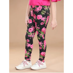 Generic Girl's Cotton Lycra Floral Elasticated Jeggings (Black-Pink)