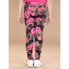 Generic Girl's Cotton Lycra Floral Elasticated Jeggings (Black-Pink)