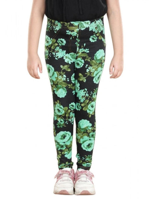 Generic Girl's Cotton Lycra Floral Elasticated Jeggings (Black-Green)