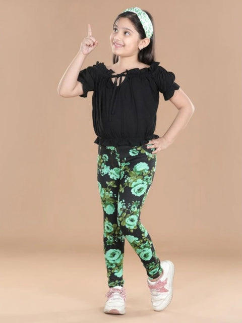 Generic Girl's Cotton Lycra Floral Elasticated Jeggings (Black-Green)