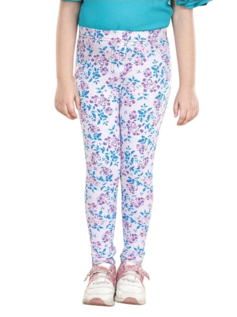 Generic Girl's Cotton Lycra Floral Elasticated Jeggings (White-Turquoise Blue)