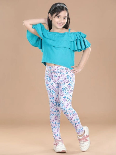 Generic Girl's Cotton Lycra Floral Elasticated Jeggings (White-Turquoise Blue)