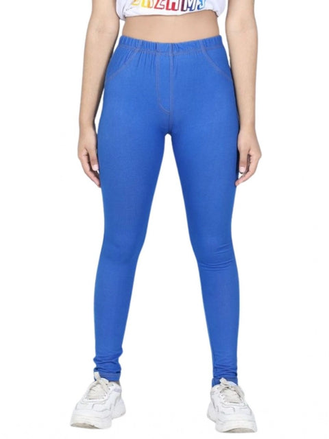 Generic Girl's Cotton Lycra Solid Elasticated Jeggings (Blue)
