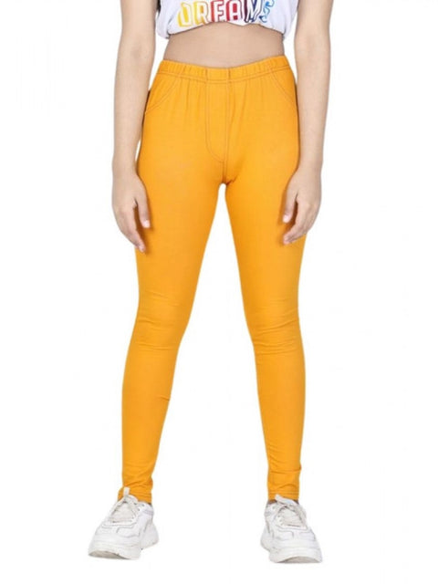 Generic Girl's Cotton Lycra Solid Elasticated Jeggings (Mustard)