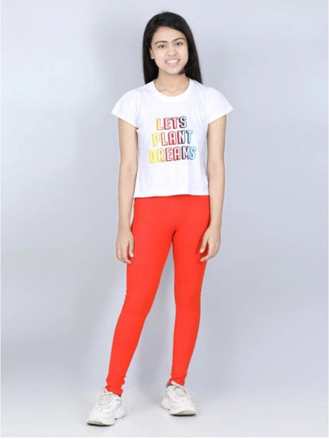 Generic Girl's Cotton Lycra Solid Elasticated Jeggings (Orange)