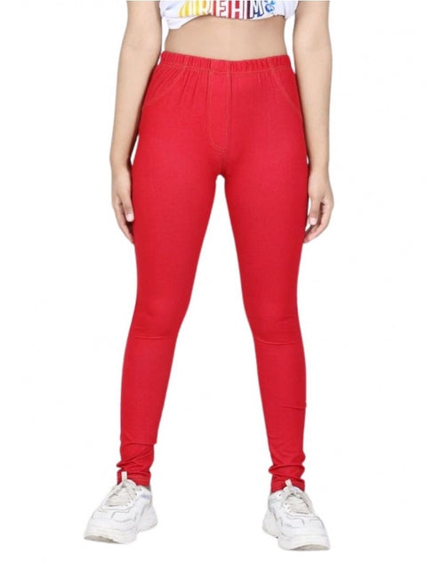 Generic Girl's Cotton Lycra Solid Elasticated Jeggings (Red)