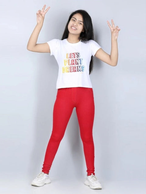 Generic Girl's Cotton Lycra Solid Elasticated Jeggings (Red)
