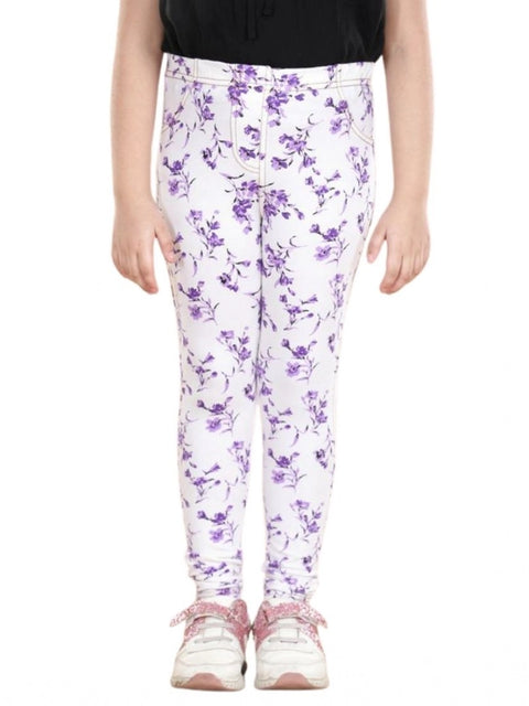 Generic Girl's Cotton Lycra Floral Elasticated Jeggings (White-Lavender)