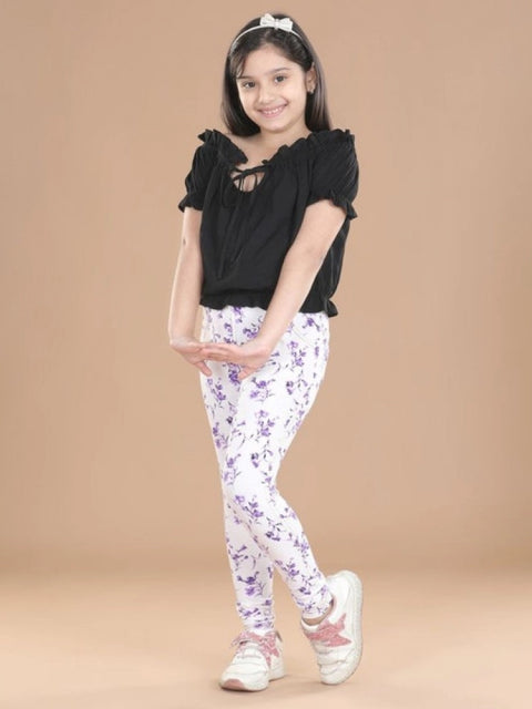 Generic Girl's Cotton Lycra Floral Elasticated Jeggings (White-Lavender)