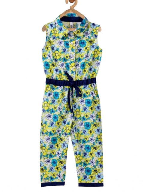 Generic Girl's Cotton Floral Sleeveless Jumpsuit (Yellow)