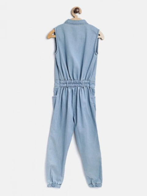 Generic Girl's Denim Embellished Sleeveless Jumpsuit (Blue)