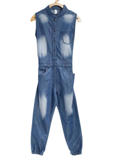 Generic Girl's Denim Embellished Sleeveless Jumpsuit (Blue)