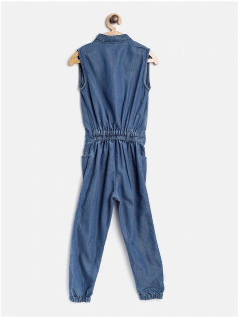 Generic Girl's Denim Embellished Sleeveless Jumpsuit (Blue)