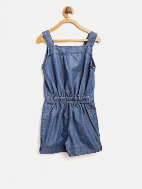 Generic Girl's Denim Embroidered Sleeveless Jumpsuit (Blue)