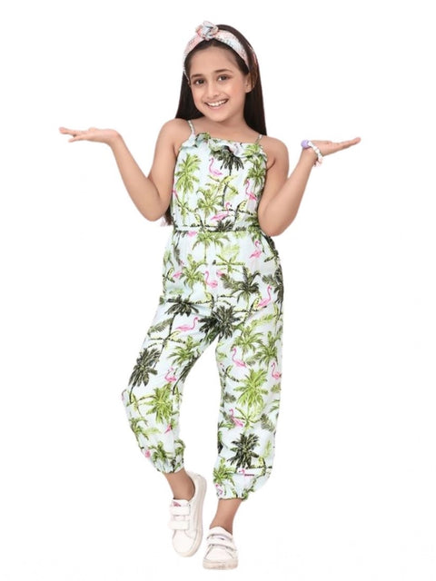 Generic Girl's Denim Embroidered Sleeveless Jumpsuit (White-Green)