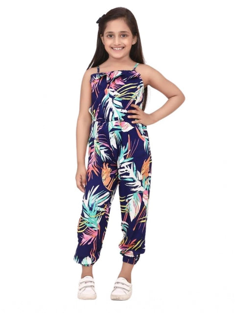 Generic Girl's Rayon Printed Sleeveless Jumpsuit (Blue-Multicolor)